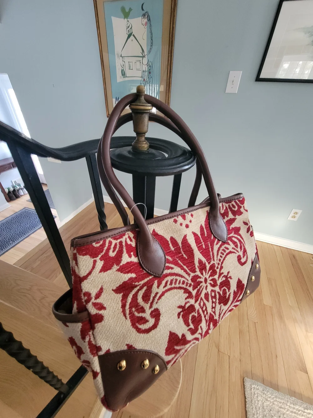 Etienne Aigner Red and Cream Floral Tote Bag with Brown Trim - Picture 3 of 3